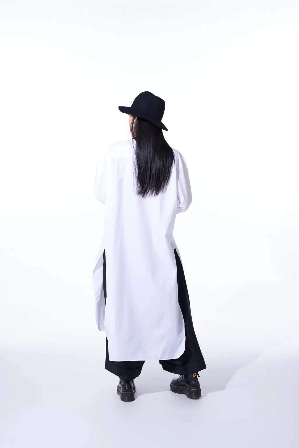 Cotton Broad Cloth Stand Collar Long Shirt With Rounded Hem