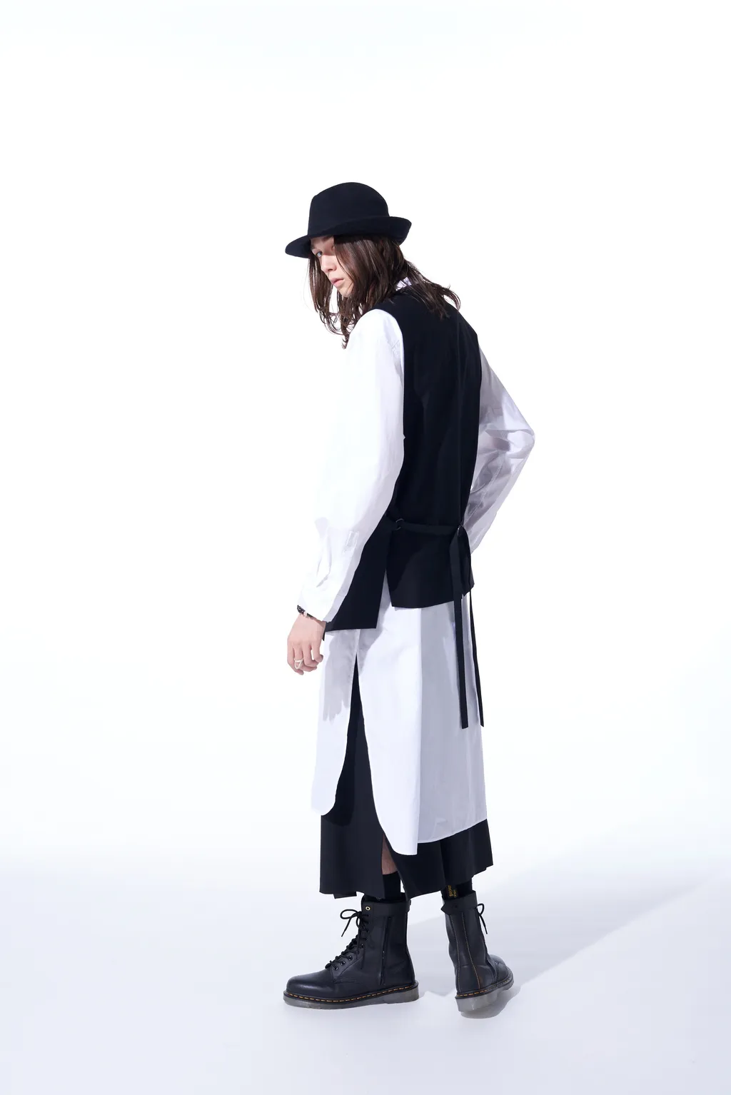 Cotton Broad Cloth Stand Collar Long Shirt With Rounded Hem