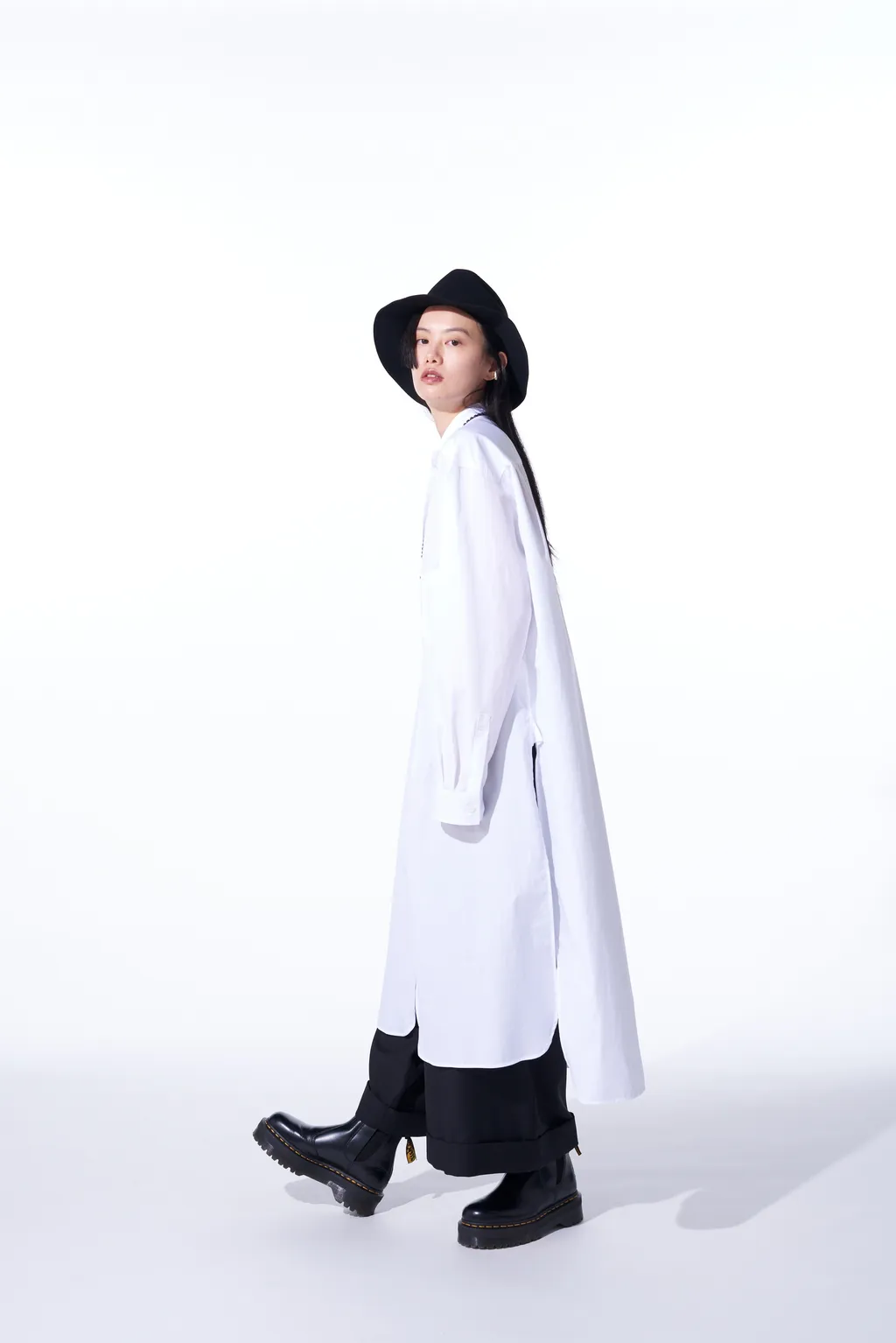 Cotton Broad Cloth Stand Collar Long Shirt With Rounded Hem