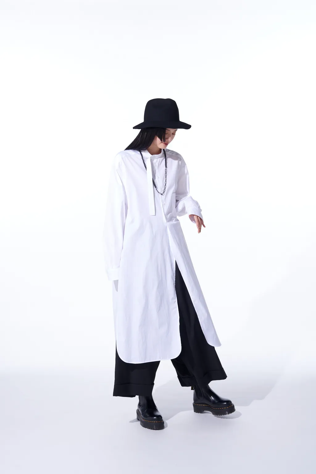 Cotton Broad Cloth Stand Collar Long Shirt With Rounded Hem