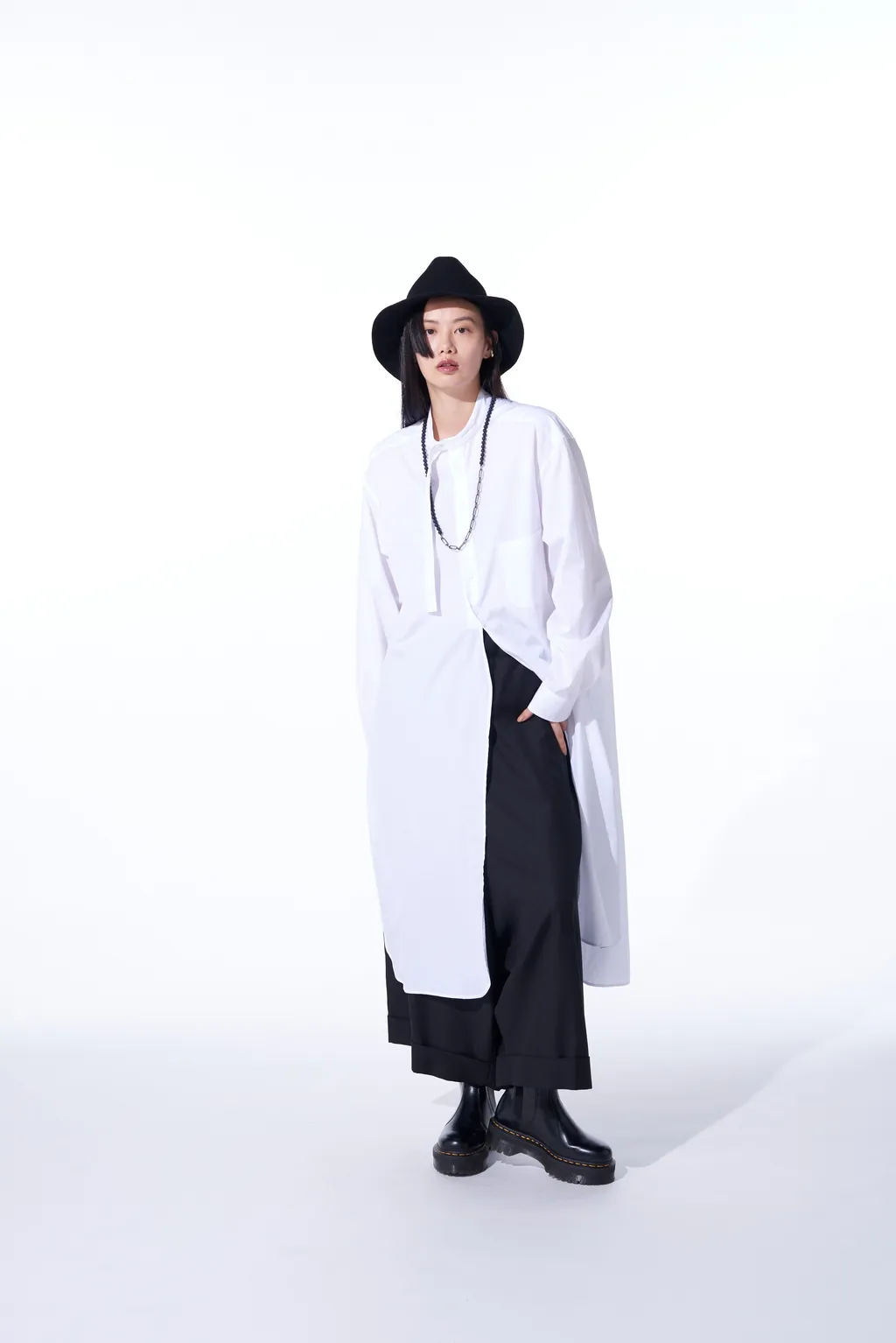 Cotton Broad Cloth Stand Collar Long Shirt With Rounded Hem