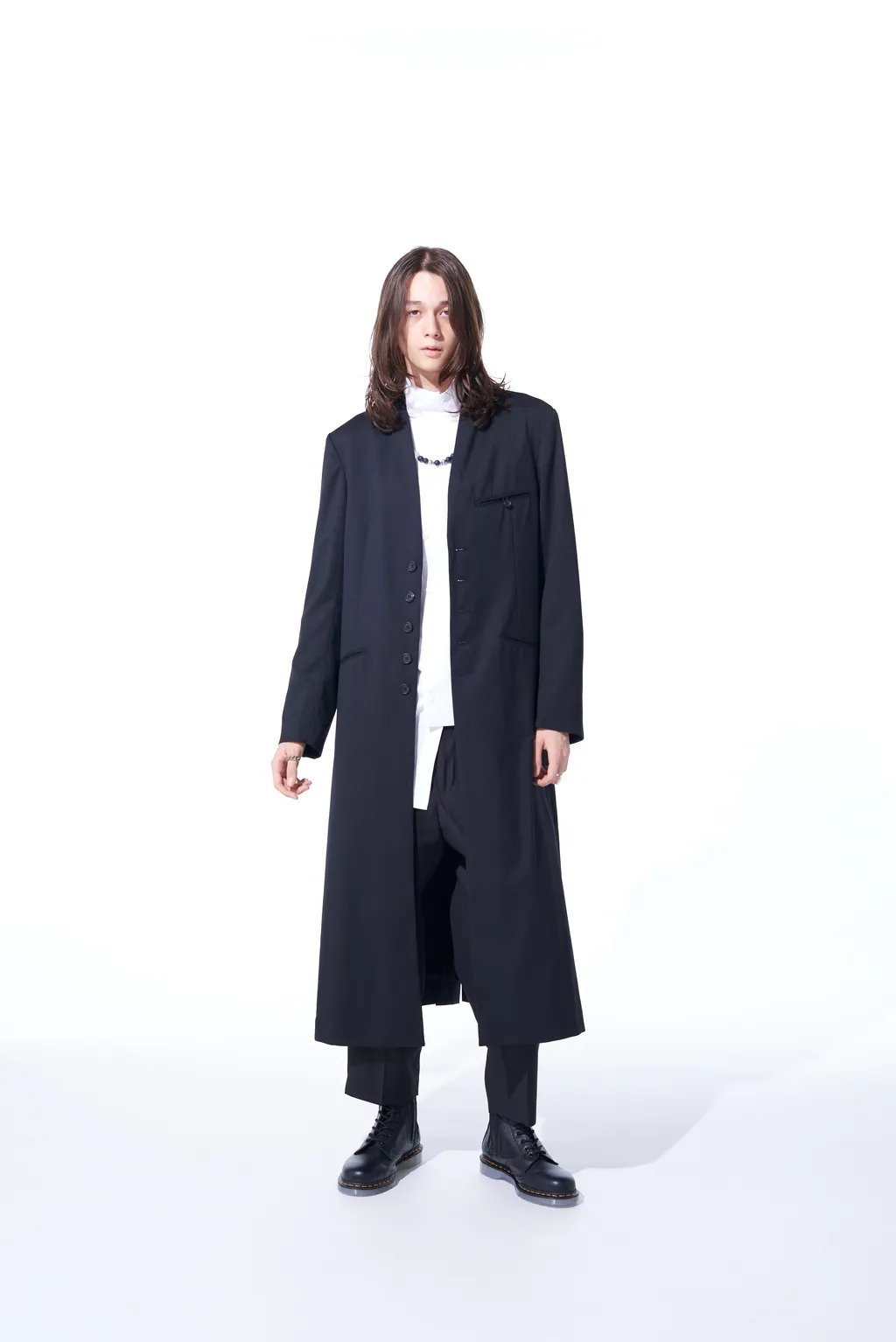 T/W Gabardine Collarless 5-Button Long Jacket