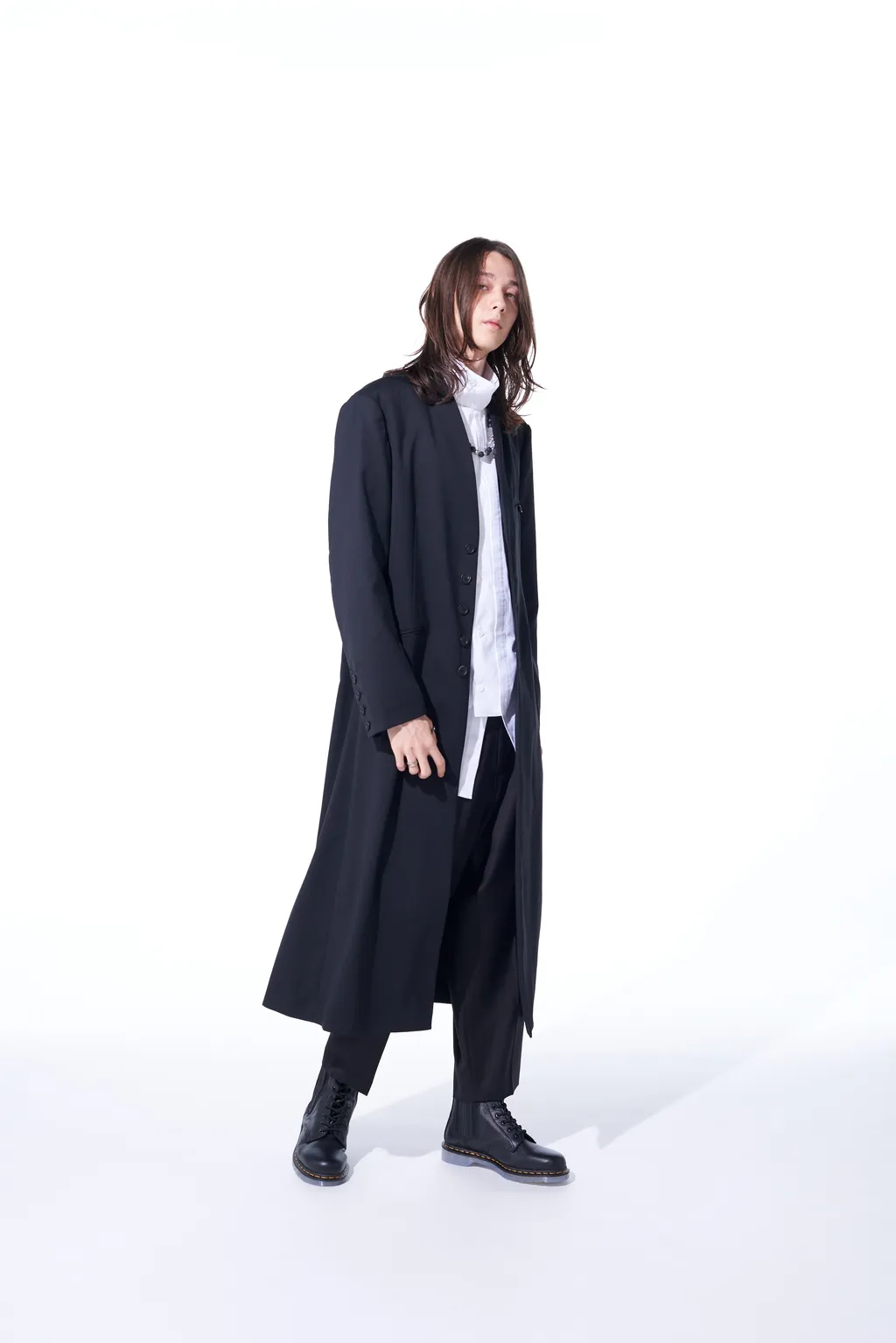 T/W Gabardine Collarless 5-Button Long Jacket