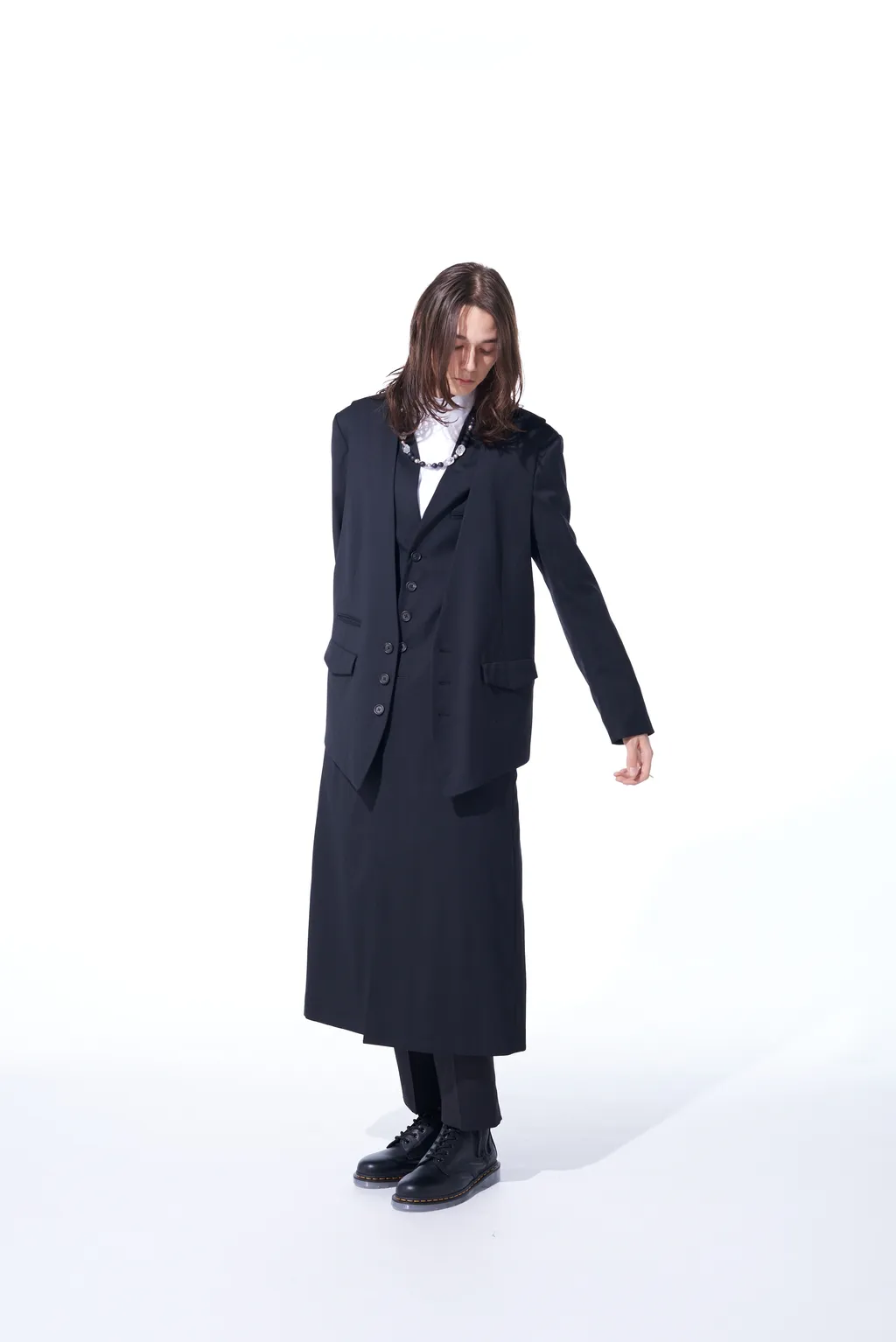 T/W Gabardine Collarless 5-Button Long Jacket