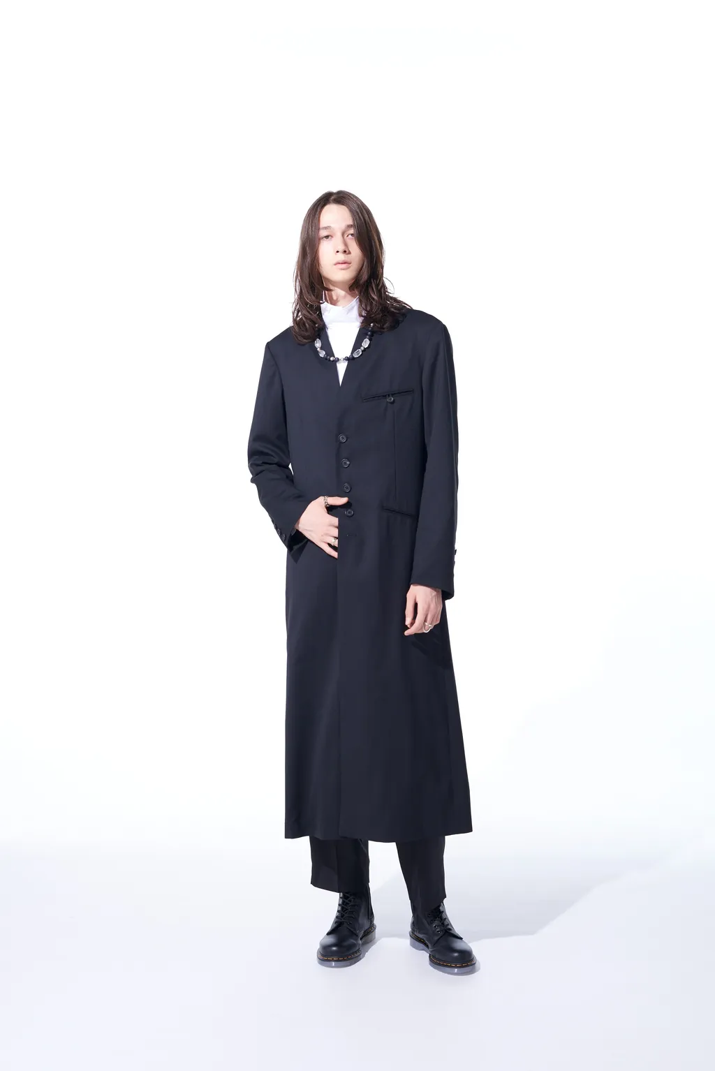 T/W Gabardine Collarless 5-Button Long Jacket