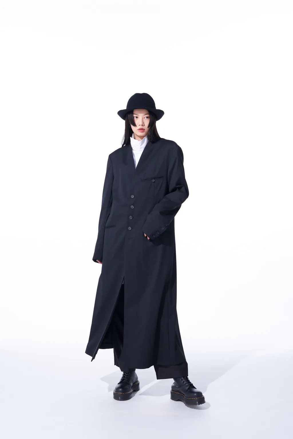 T/W Gabardine Collarless 5-Button Long Jacket
