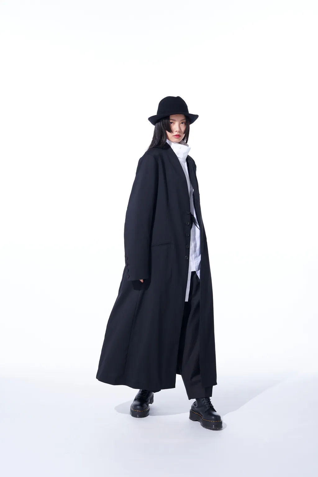 T/W Gabardine Collarless 5-Button Long Jacket