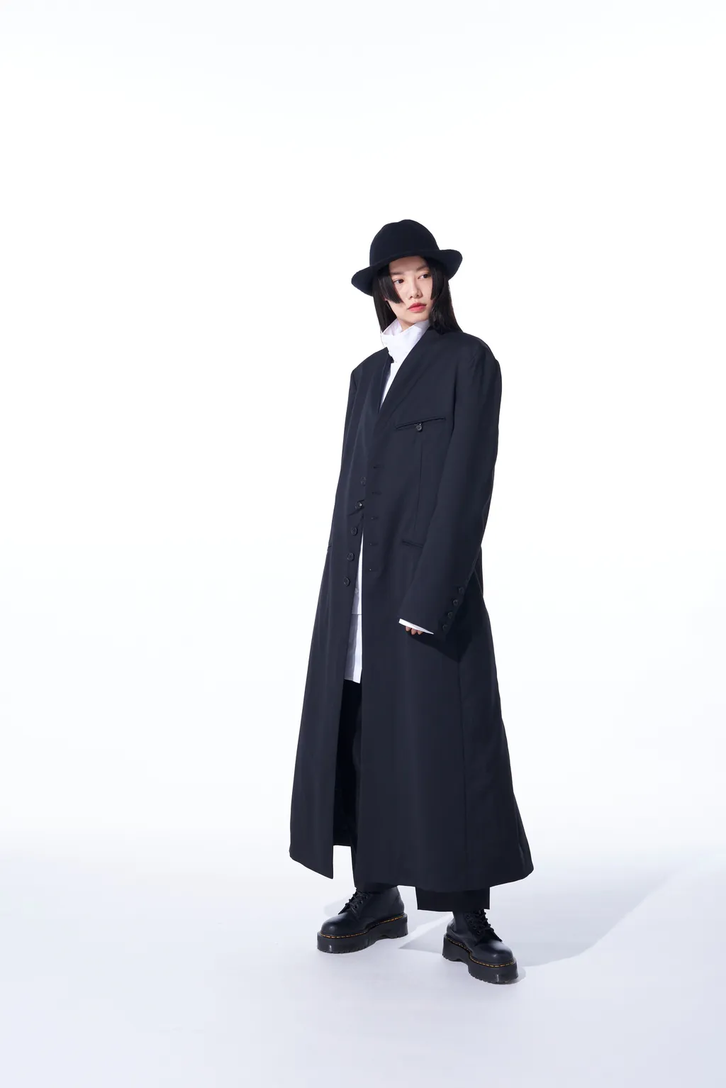 T/W Gabardine Collarless 5-Button Long Jacket