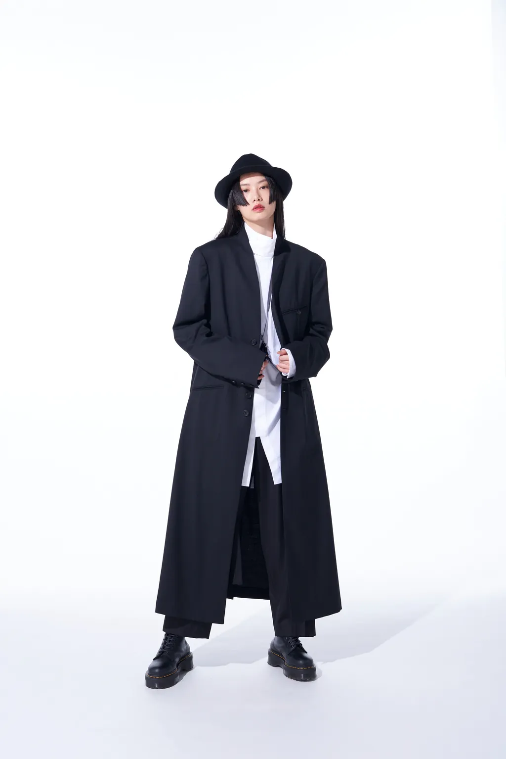 T/W Gabardine Collarless 5-Button Long Jacket