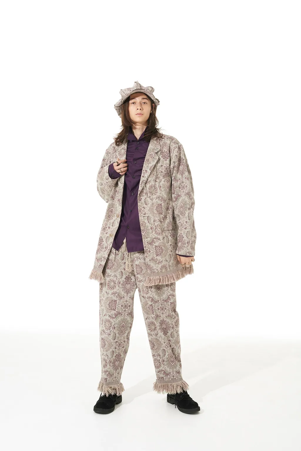 Gobelin-Style Jacquard Shirt Jacket With Fringe Hem Design