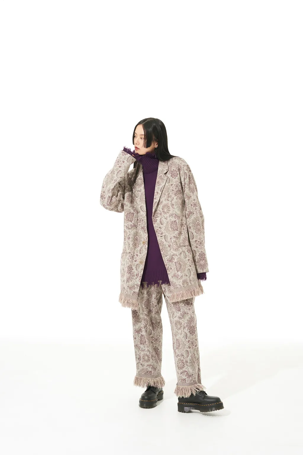 Gobelin-Style Jacquard Shirt Jacket With Fringe Hem Design
