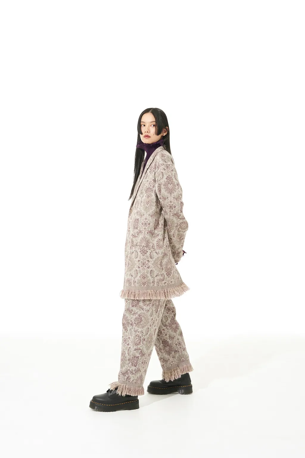 Gobelin-Style Jacquard Shirt Jacket With Fringe Hem Design