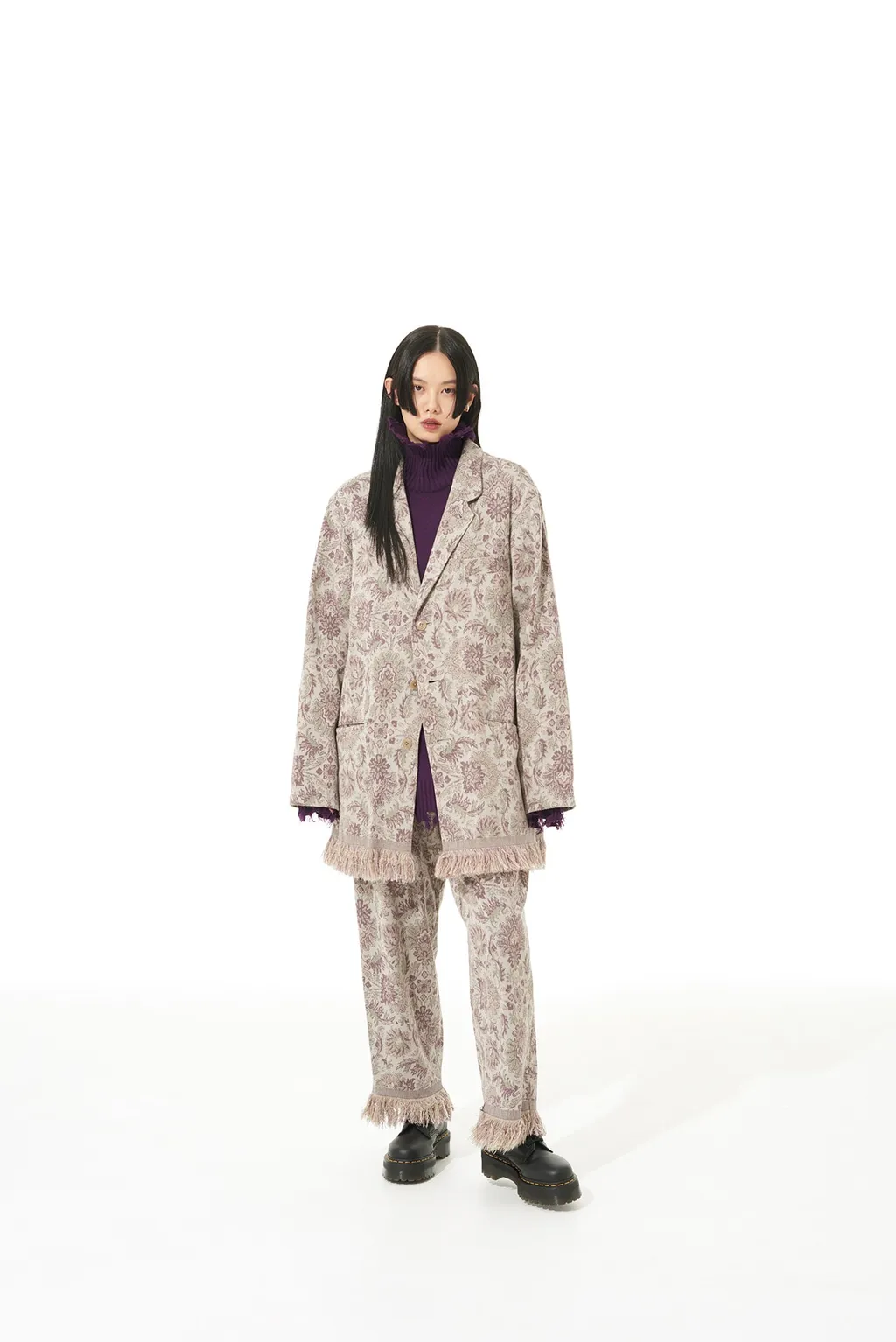 Gobelin-Style Jacquard Shirt Jacket With Fringe Hem Design