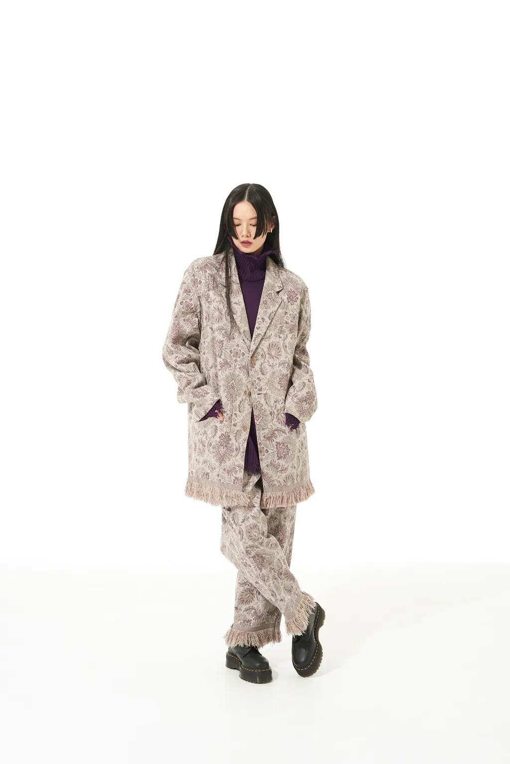 Gobelin-Style Jacquard Shirt Jacket With Fringe Hem Design