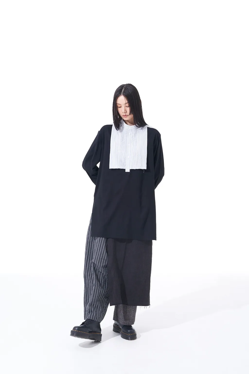 40/2 Cotton Jersey + Striped Fabric Chest Pin Tucked Shirt