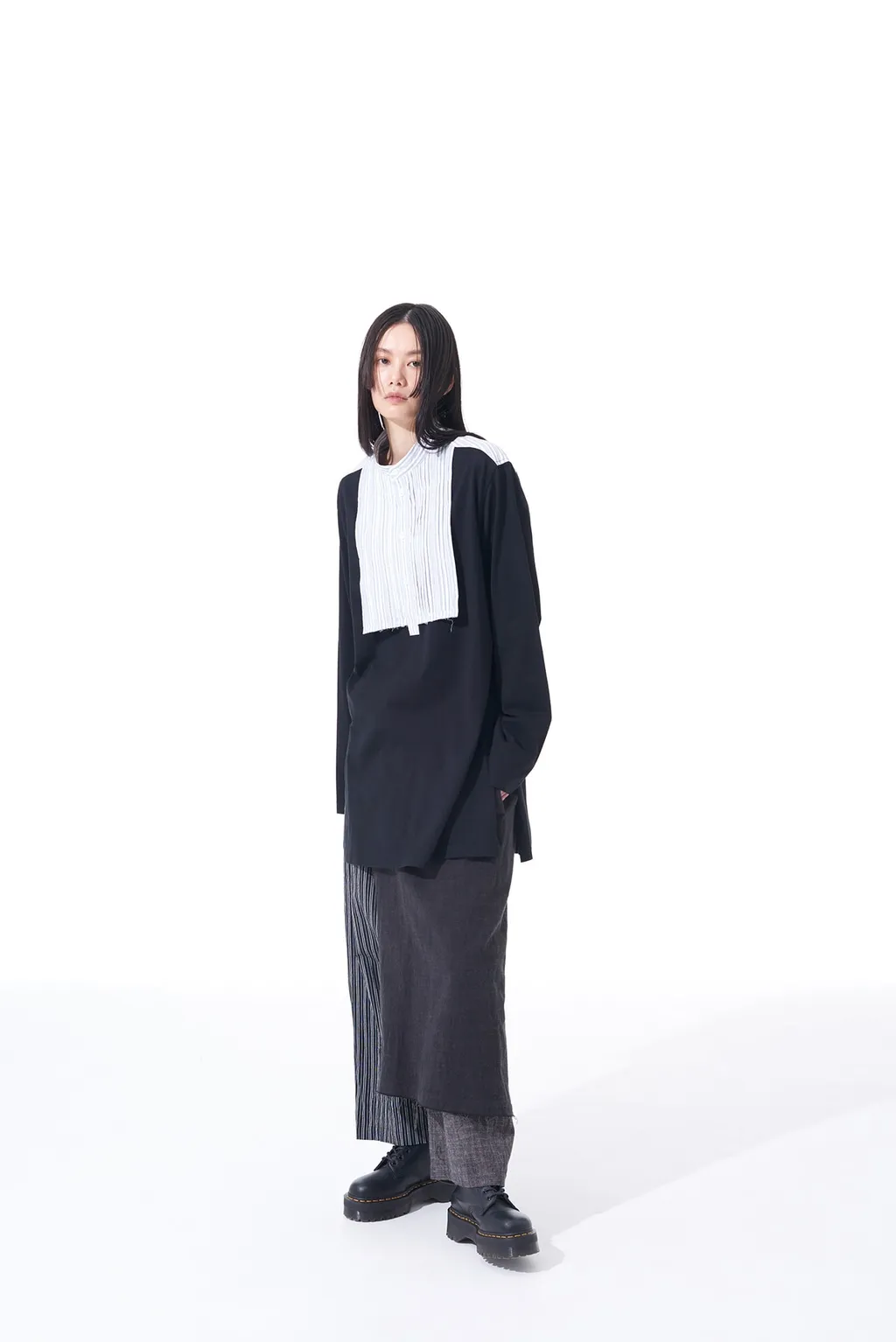 40/2 Cotton Jersey + Striped Fabric Chest Pin Tucked Shirt