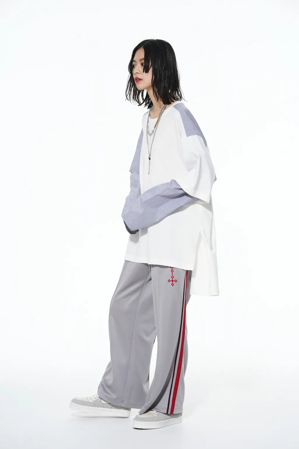 Pe/Smooth Jersey Geometric Pattern Embroidery Side Tape Line Flare Pants