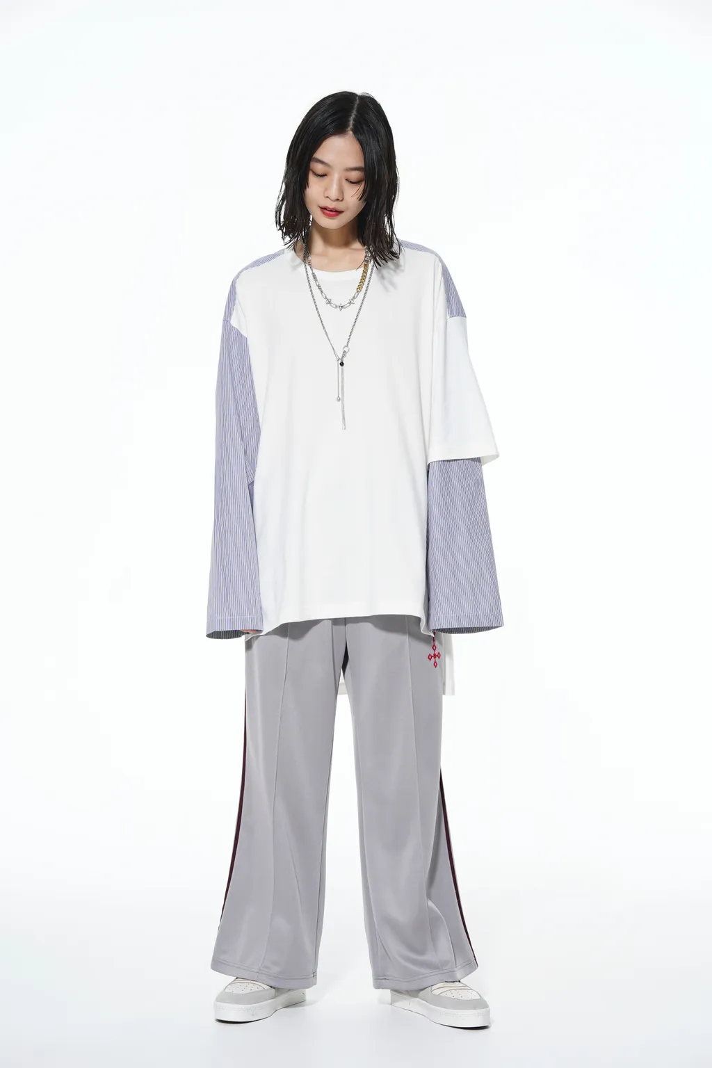 Pe/Smooth Jersey Geometric Pattern Embroidery Side Tape Line Flare Pants