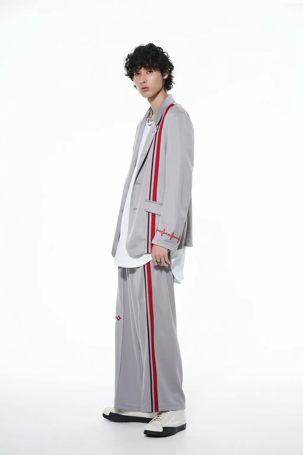 Pe/Smooth Jersey Geometric Pattern Embroidery Tape Line Waist Drawstring Wide Pants