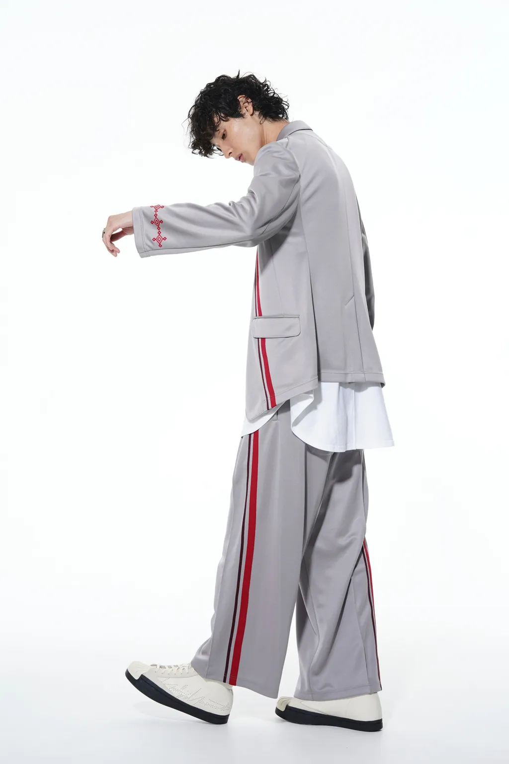 Pe/Smooth Jersey Geometric Pattern Embroidery Tape Line Waist Drawstring Wide Pants