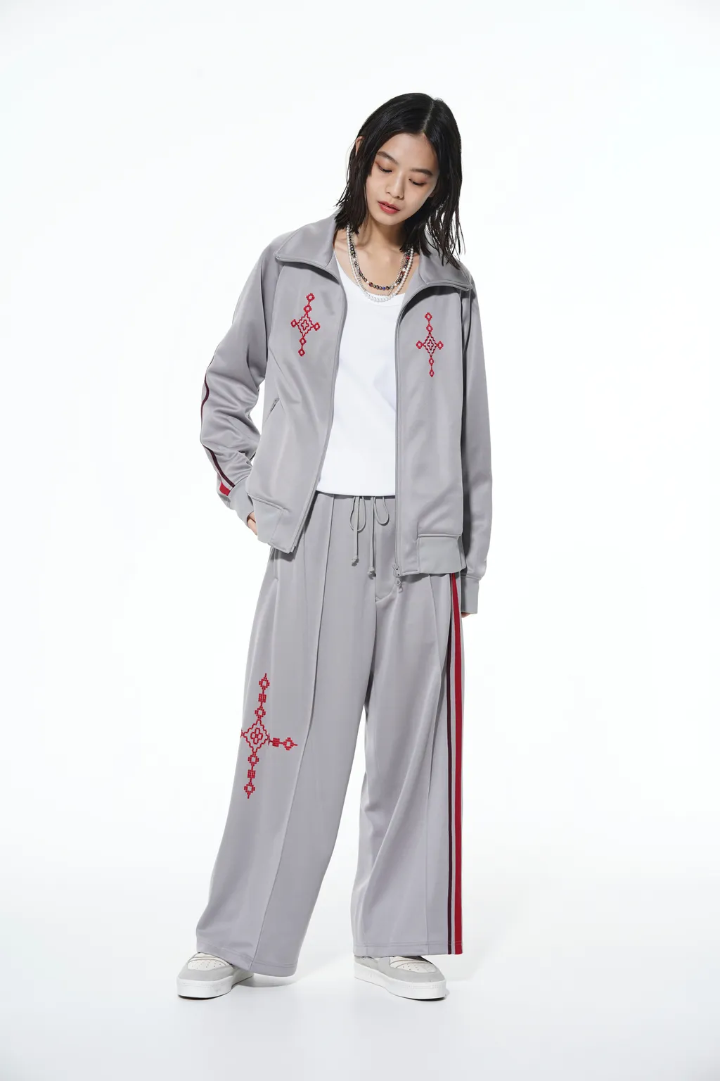 Pe/Smooth Jersey Geometric Pattern Embroidery Tape Line Waist Drawstring Wide Pants