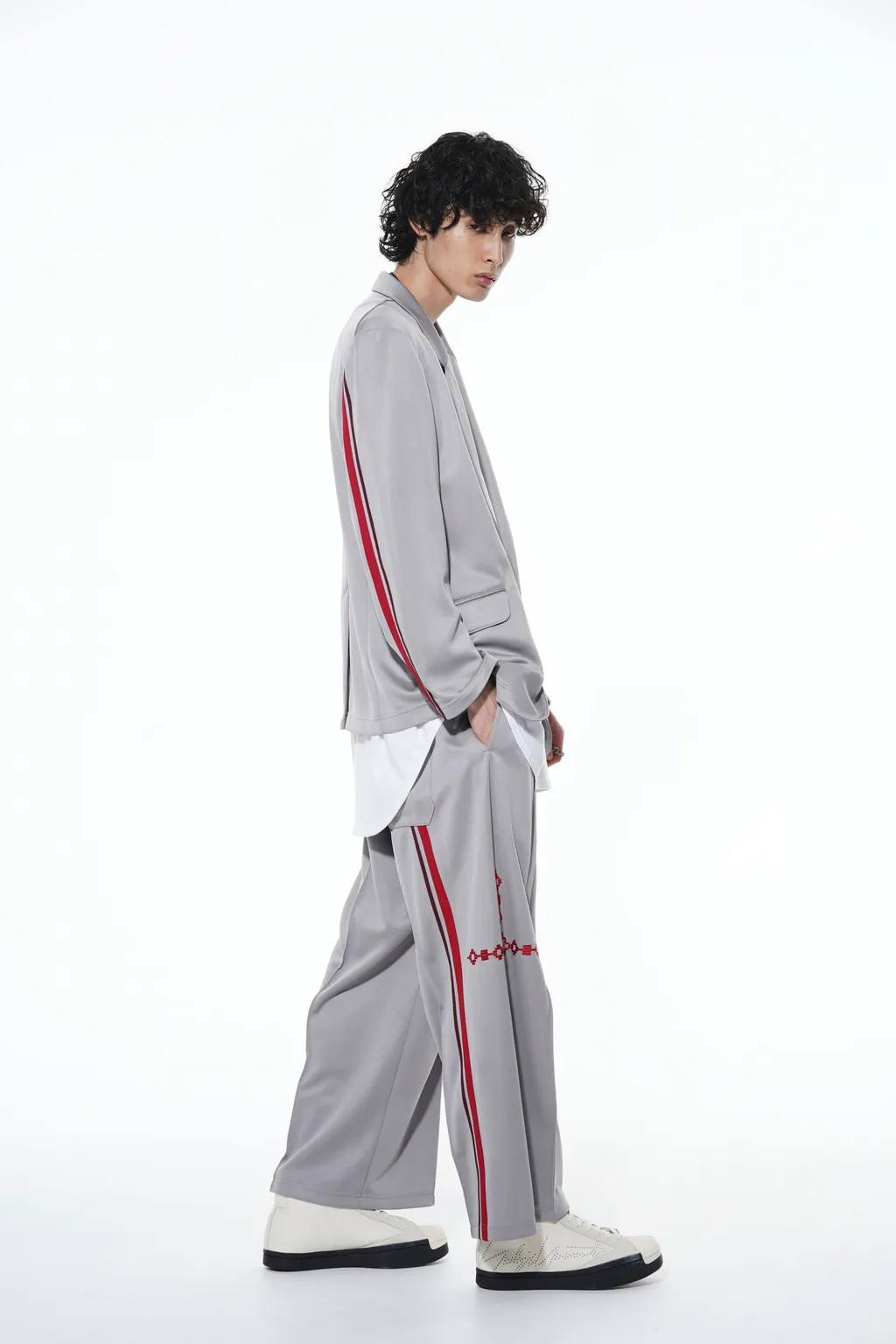 Pe/Smooth Jersey Geometric Pattern Embroidery Tape Line Waist Drawstring Wide Pants