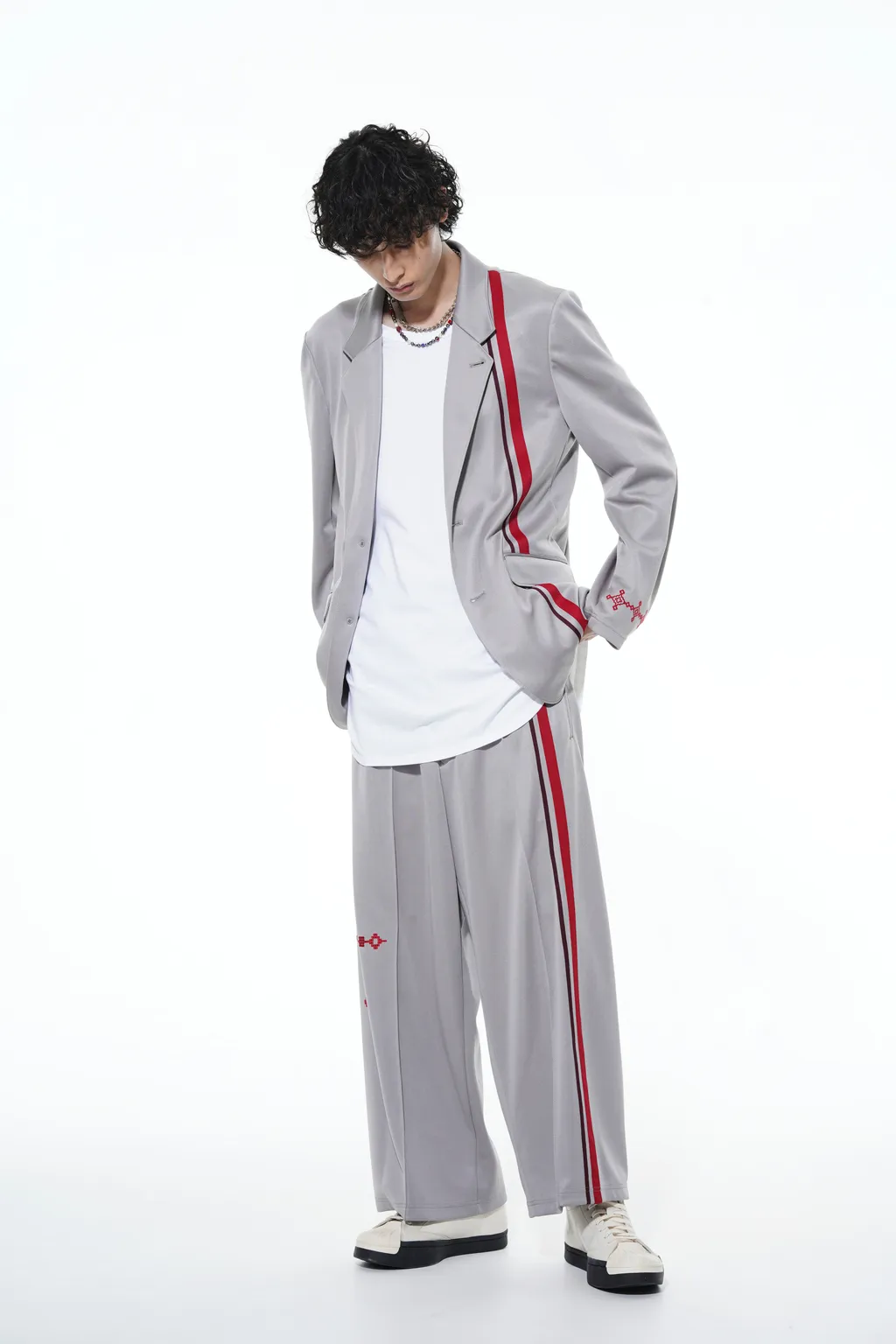 Pe/Smooth Jersey Geometric Pattern Embroidery Tape Line Waist Drawstring Wide Pants