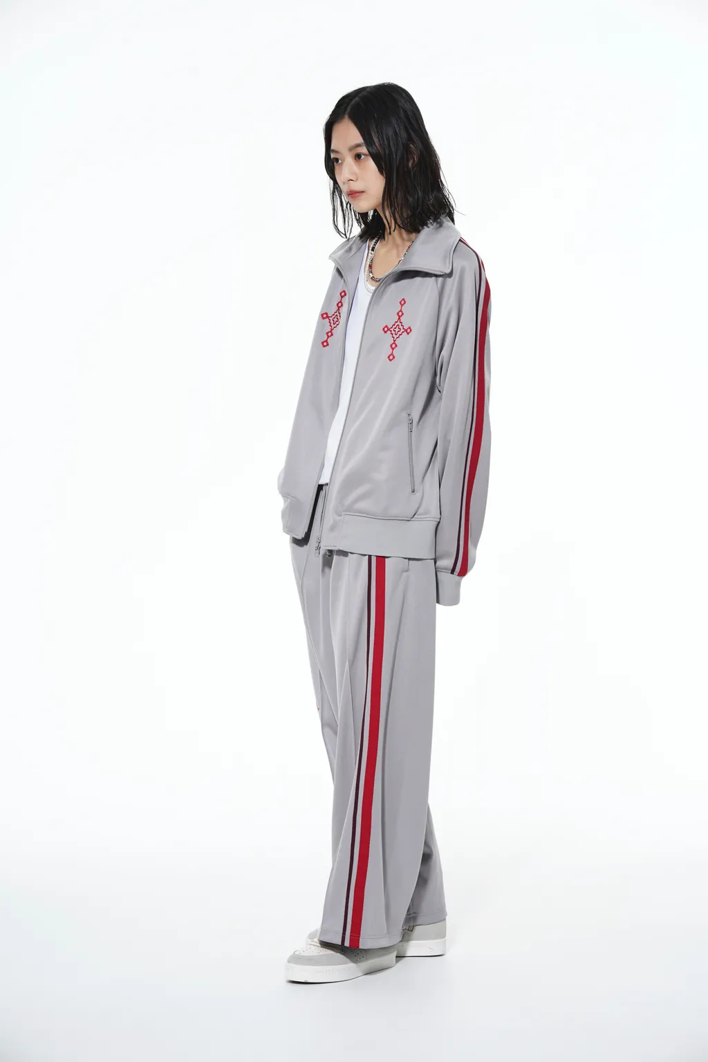 Pe/Smooth Jersey Geometric Pattern Embroidery Tape Line Waist Drawstring Wide Pants