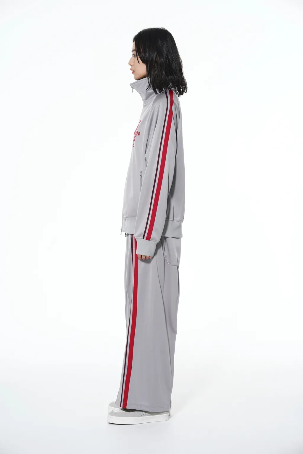 Pe/Smooth Jersey Geometric Pattern Embroidery Tape Line Waist Drawstring Wide Pants