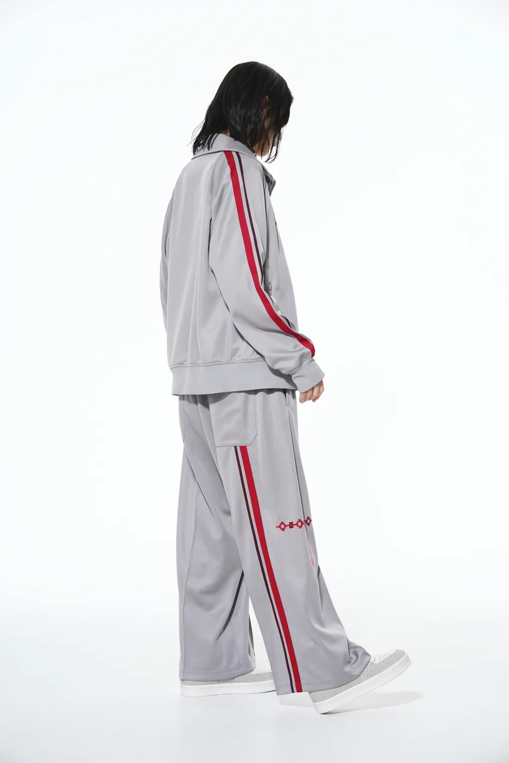 Pe/Smooth Jersey Geometric Pattern Embroidery Tape Line Waist Drawstring Wide Pants