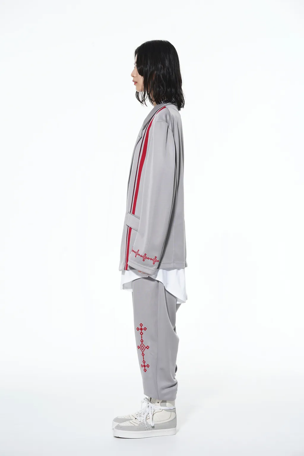 Pe/Smooth Jersey Geometric Pattern Embroidery Side Tape Line Sarouel Rib Pants