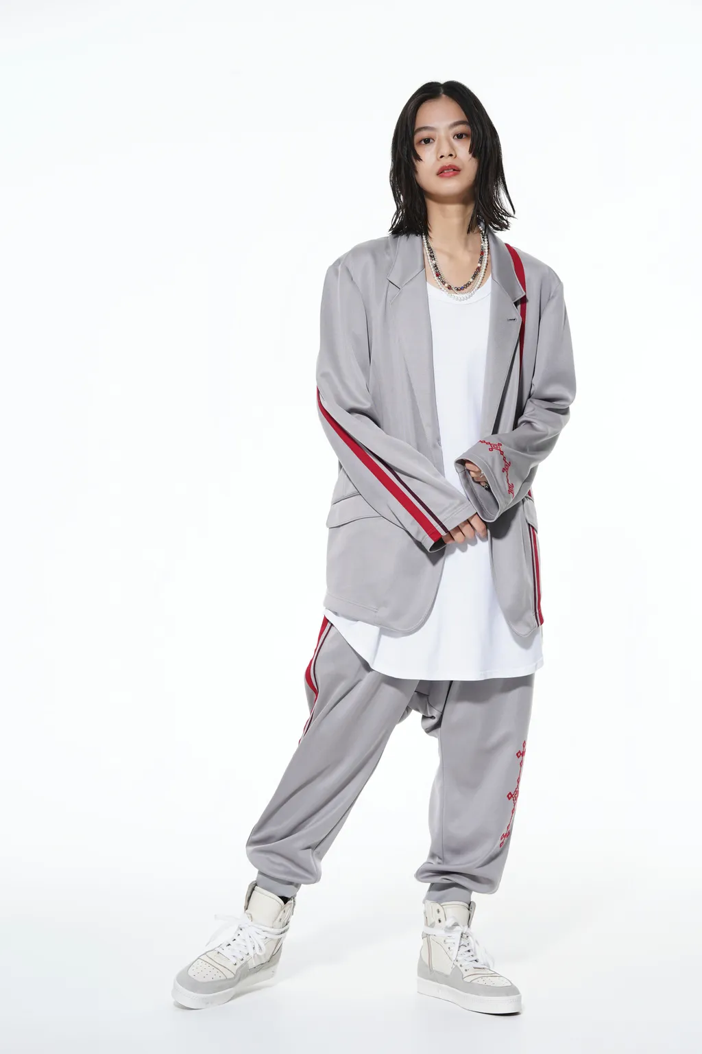 Pe/Smooth Jersey Geometric Pattern Embroidery Side Tape Line Sarouel Rib Pants