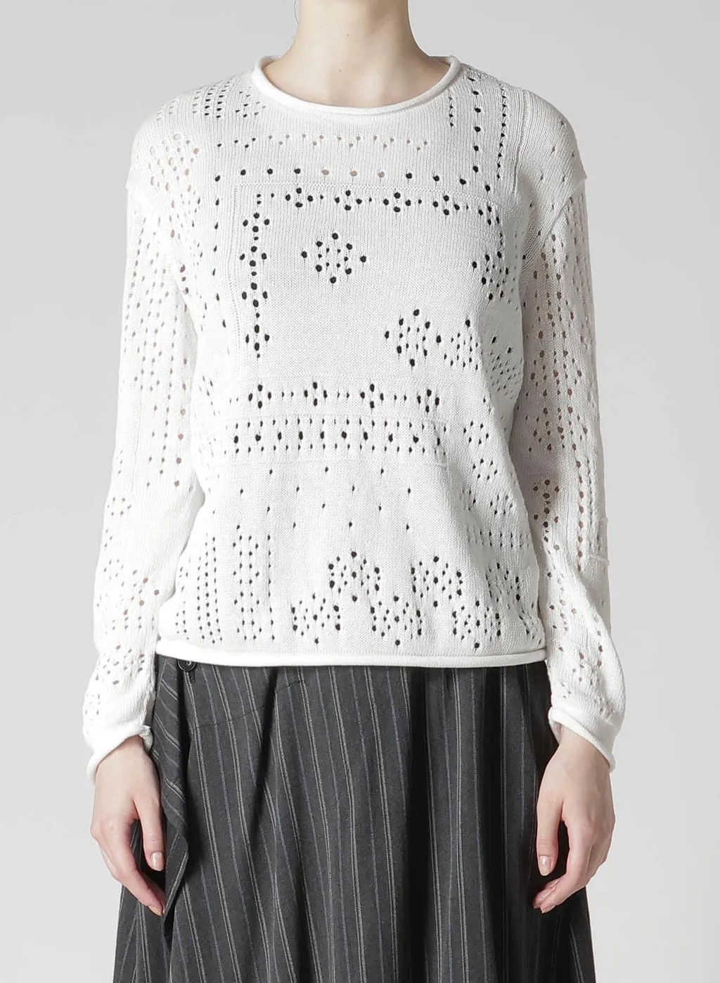 Patchwork Lace Curled Collar Round Neck Pullover