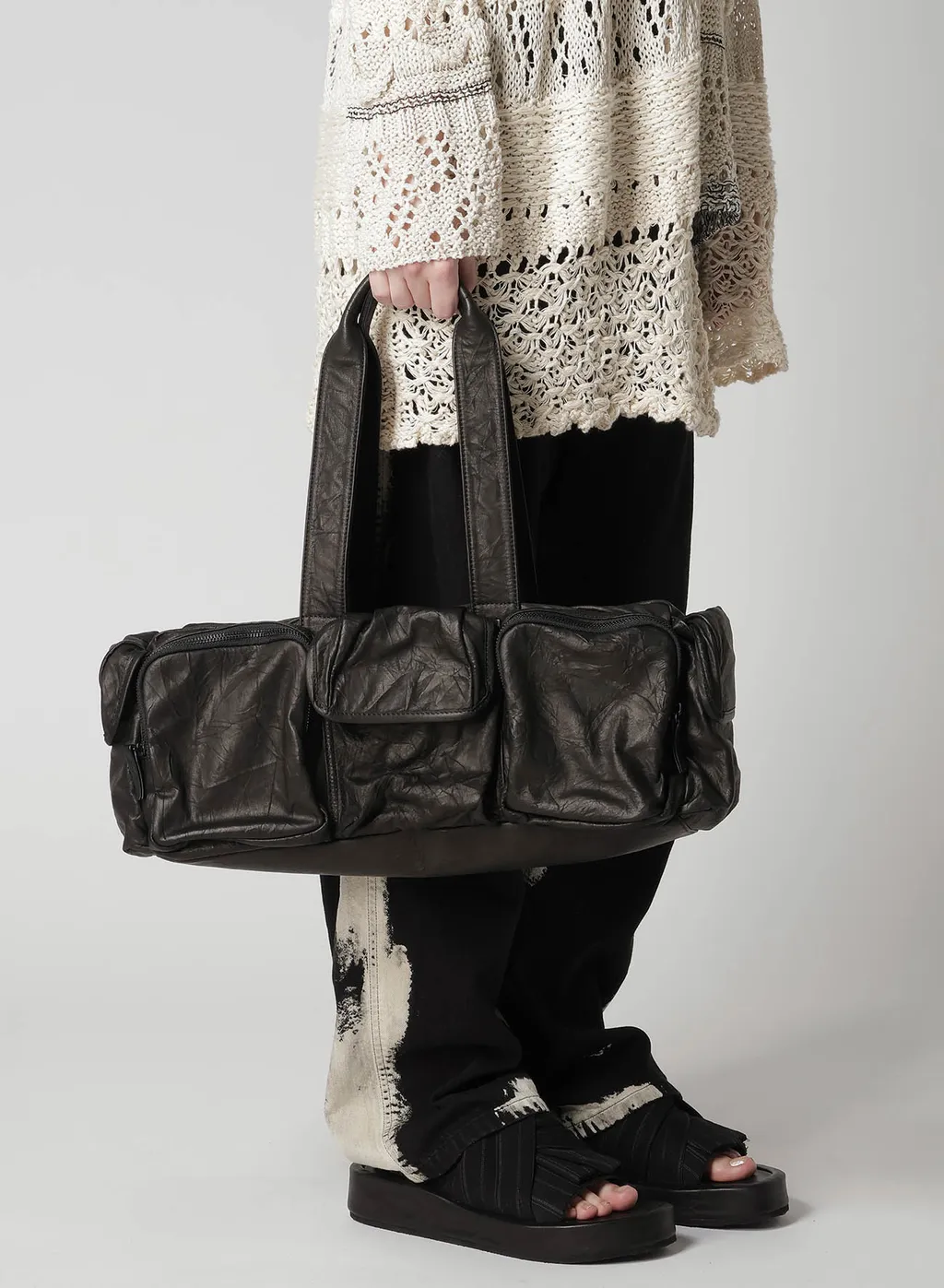 Twisted Soft Leather Pocket Boston Bag