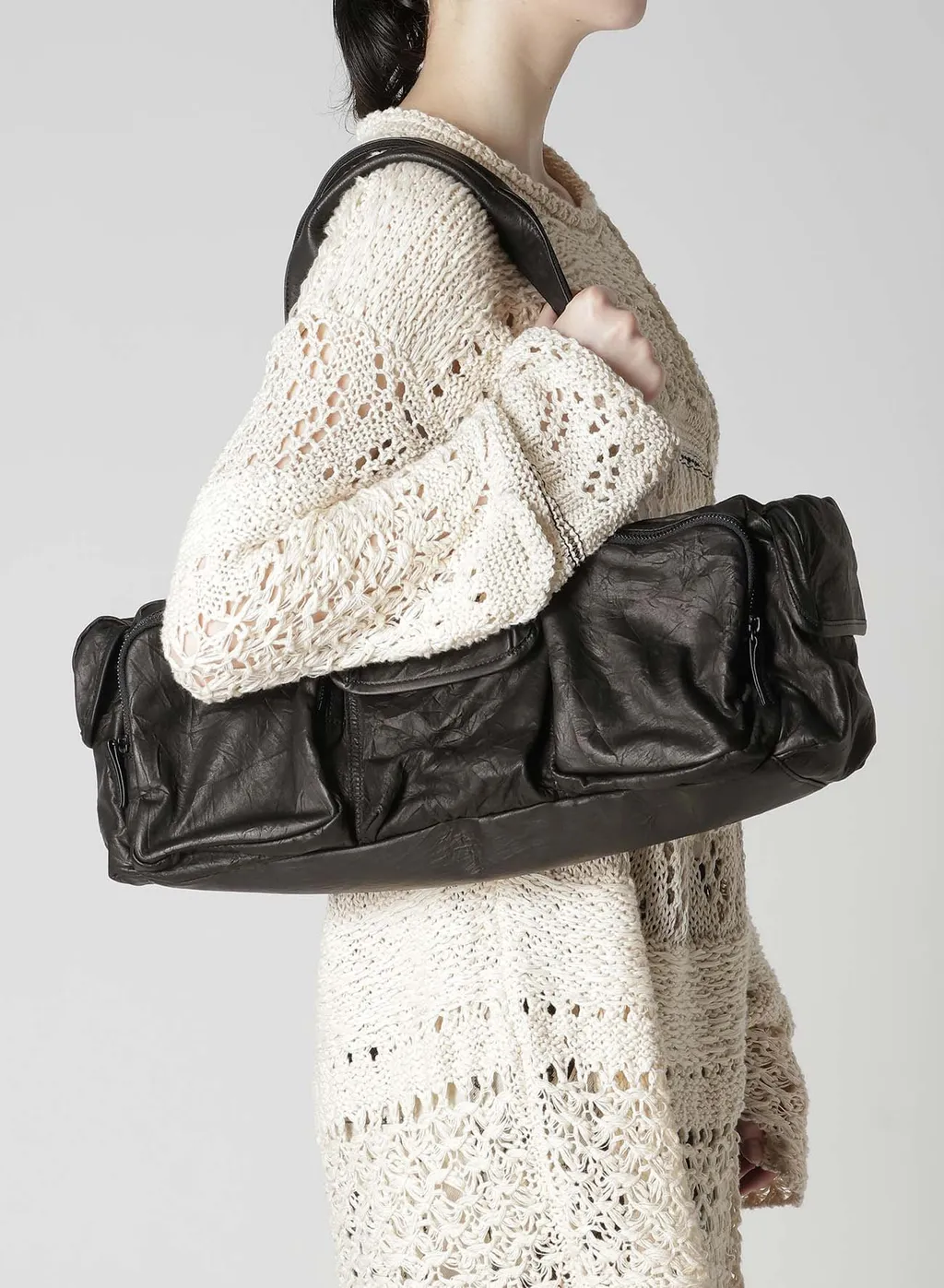 Twisted Soft Leather Pocket Boston Bag