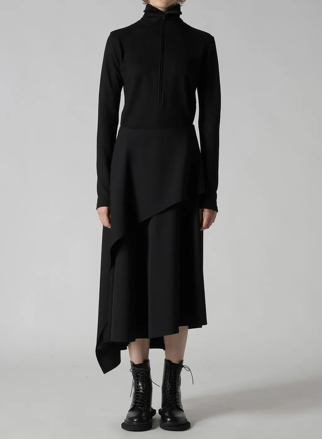 Wool Gabardine Middle Length Asymmetric Skirt