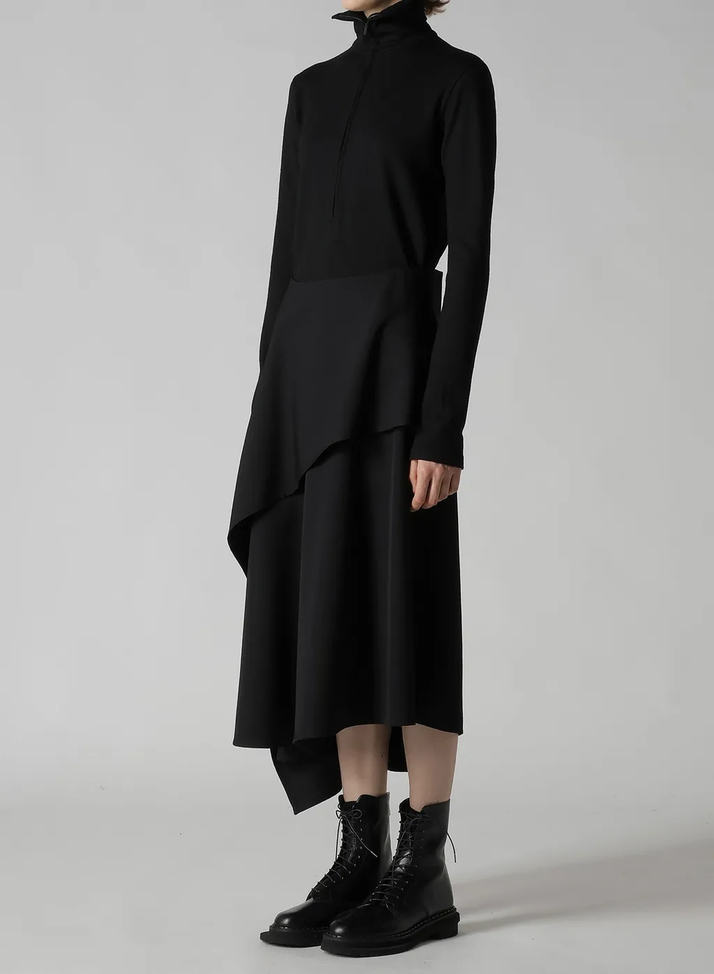 Wool Gabardine Middle Length Asymmetric Skirt