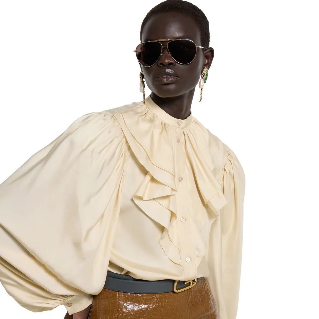 Silk Twill Shirt With Ruffle Trim