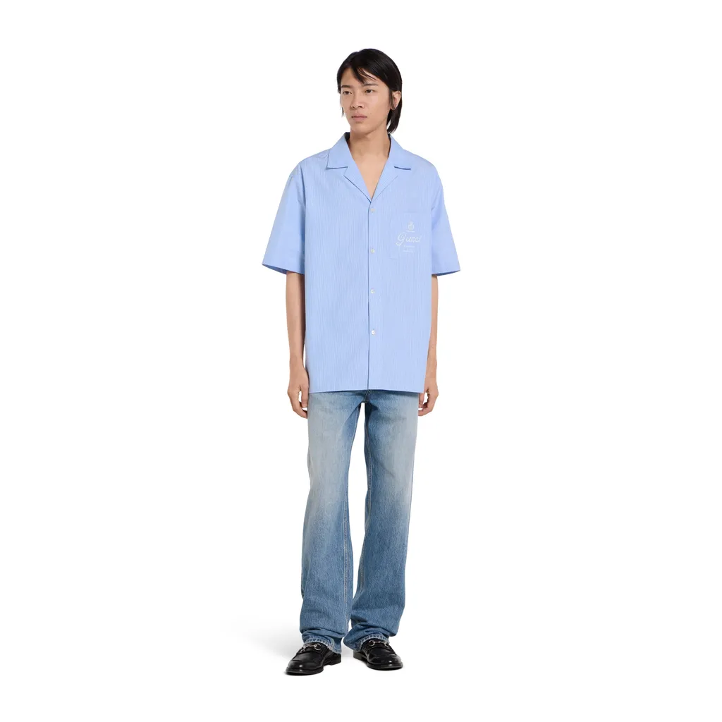 Thin Striped Cotton Poplin Bowling Shirt