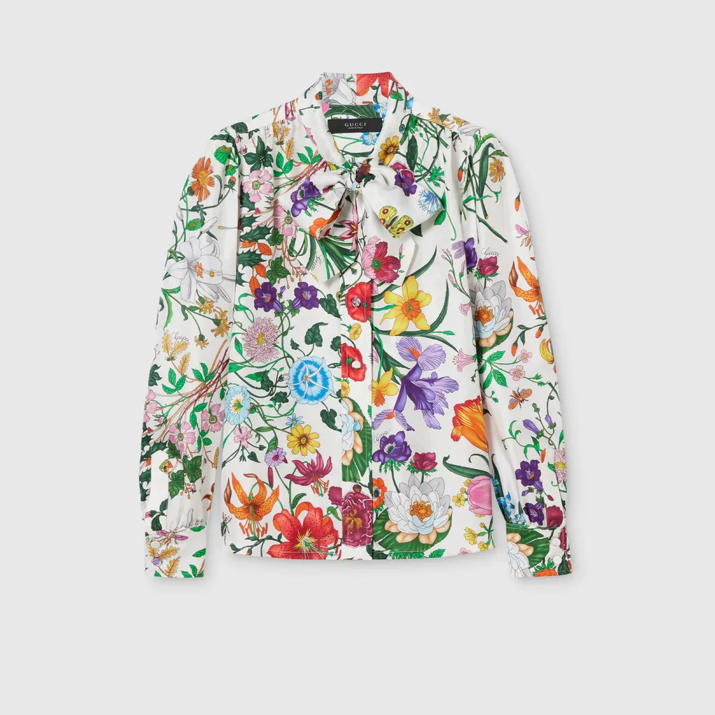 Printed Silk Twill Shirt With Bow