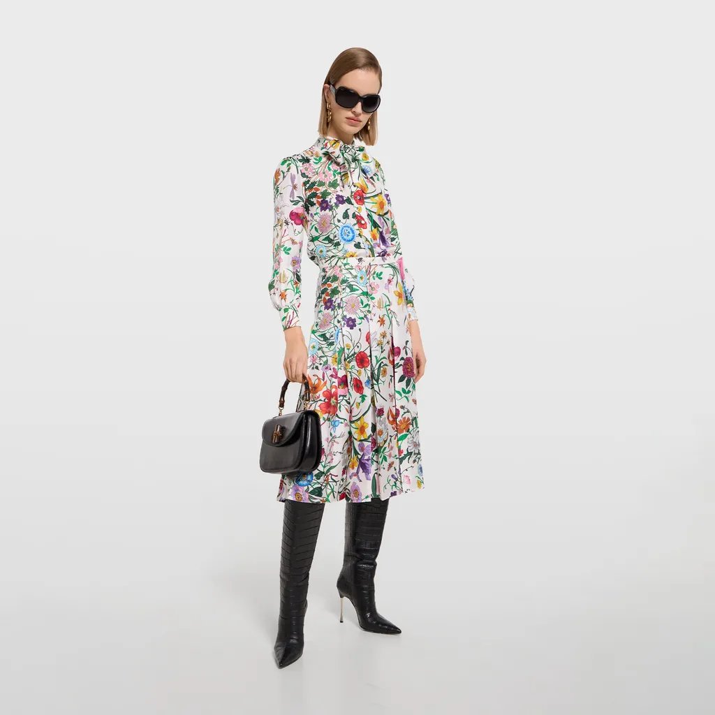Printed Silk Twill Shirt With Bow