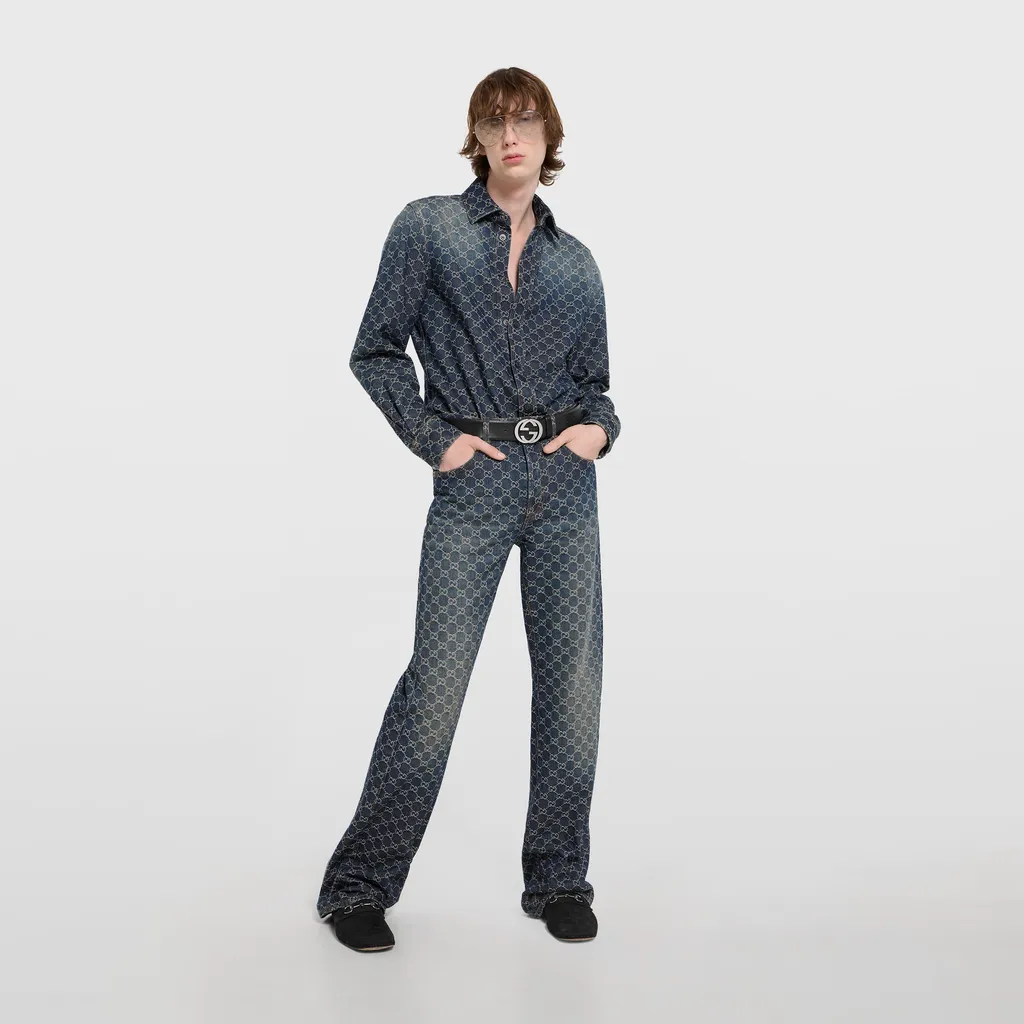 Gg Cotton Denim Jacquard Pants