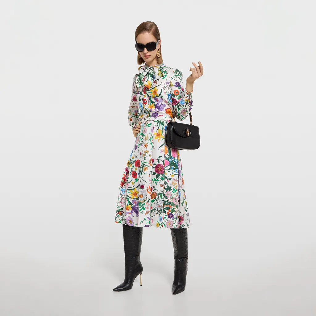 Printed Silk Twill Pleated Skirt