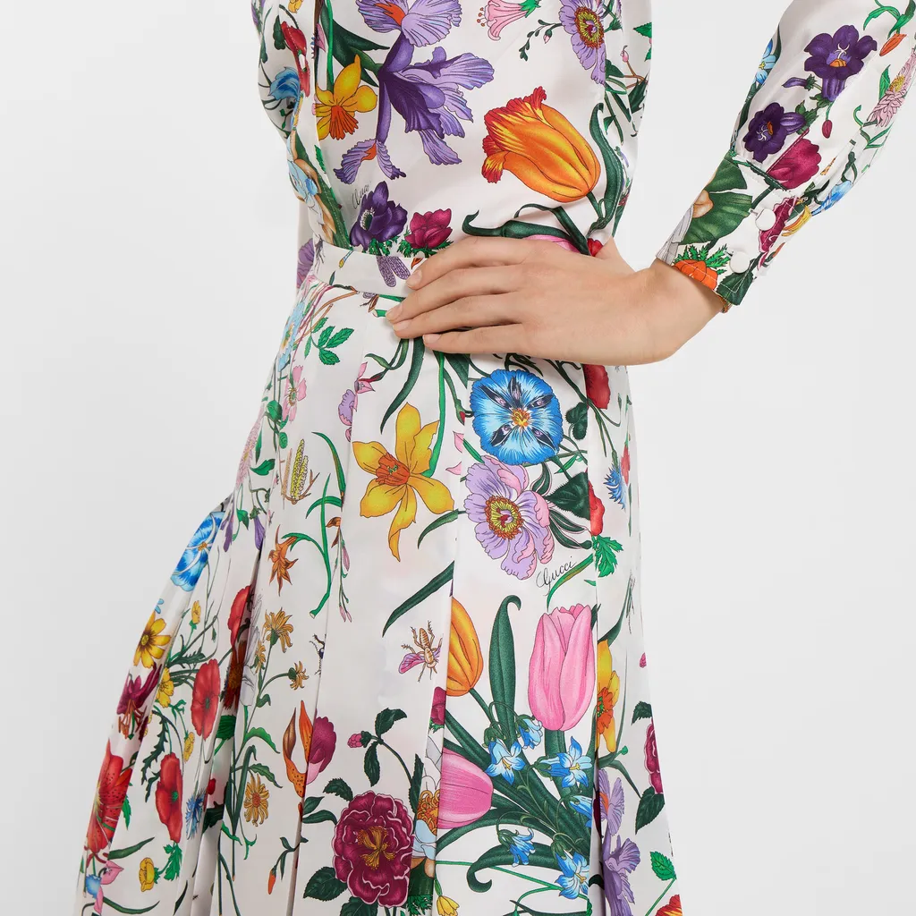 Printed Silk Twill Pleated Skirt