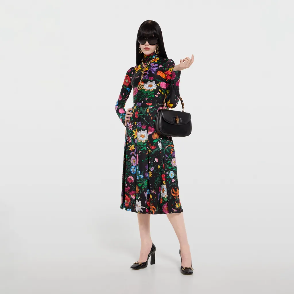 Printed Silk Twill Pleated Midi Skirt