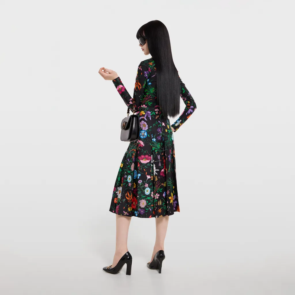 Printed Silk Twill Pleated Midi Skirt