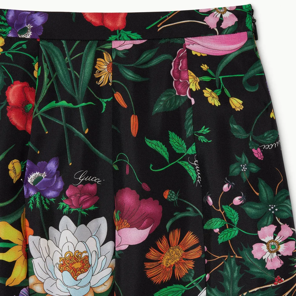 Printed Silk Twill Pleated Midi Skirt