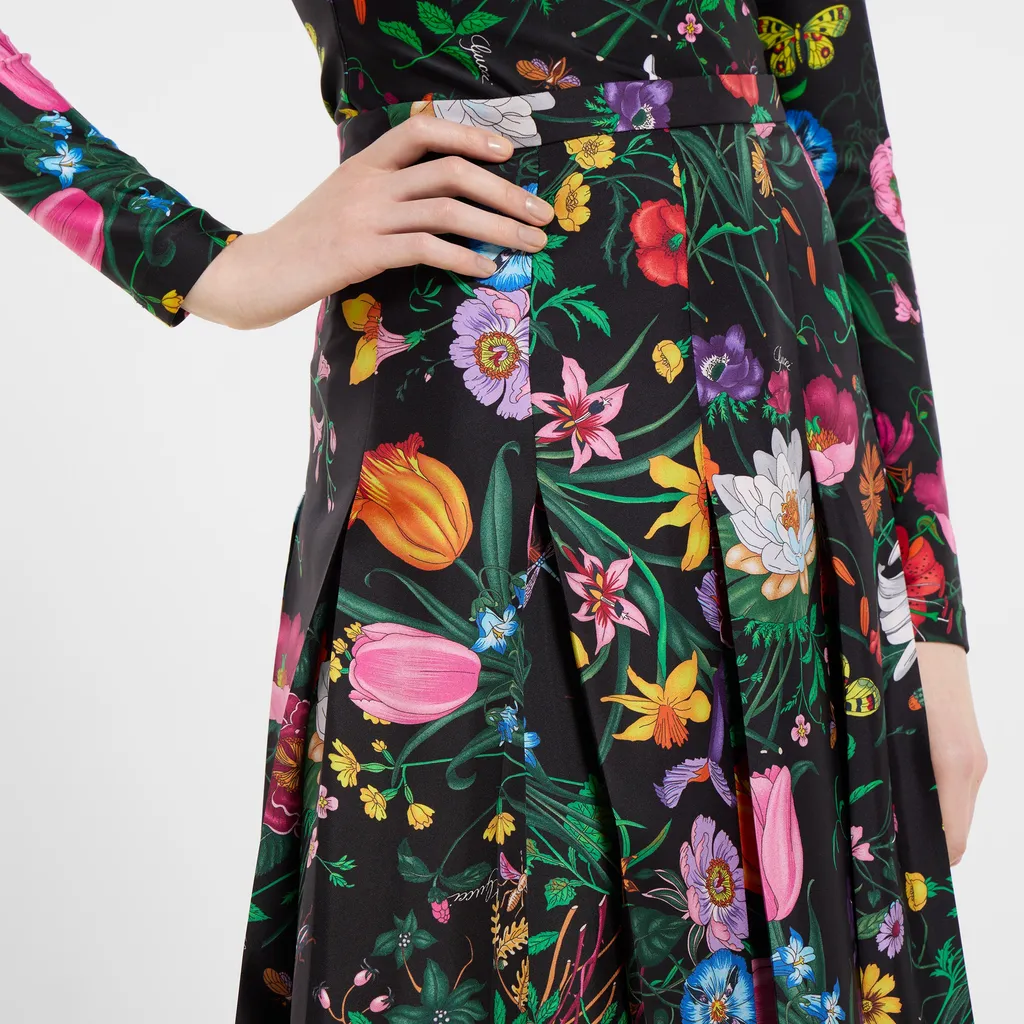 Printed Silk Twill Pleated Midi Skirt
