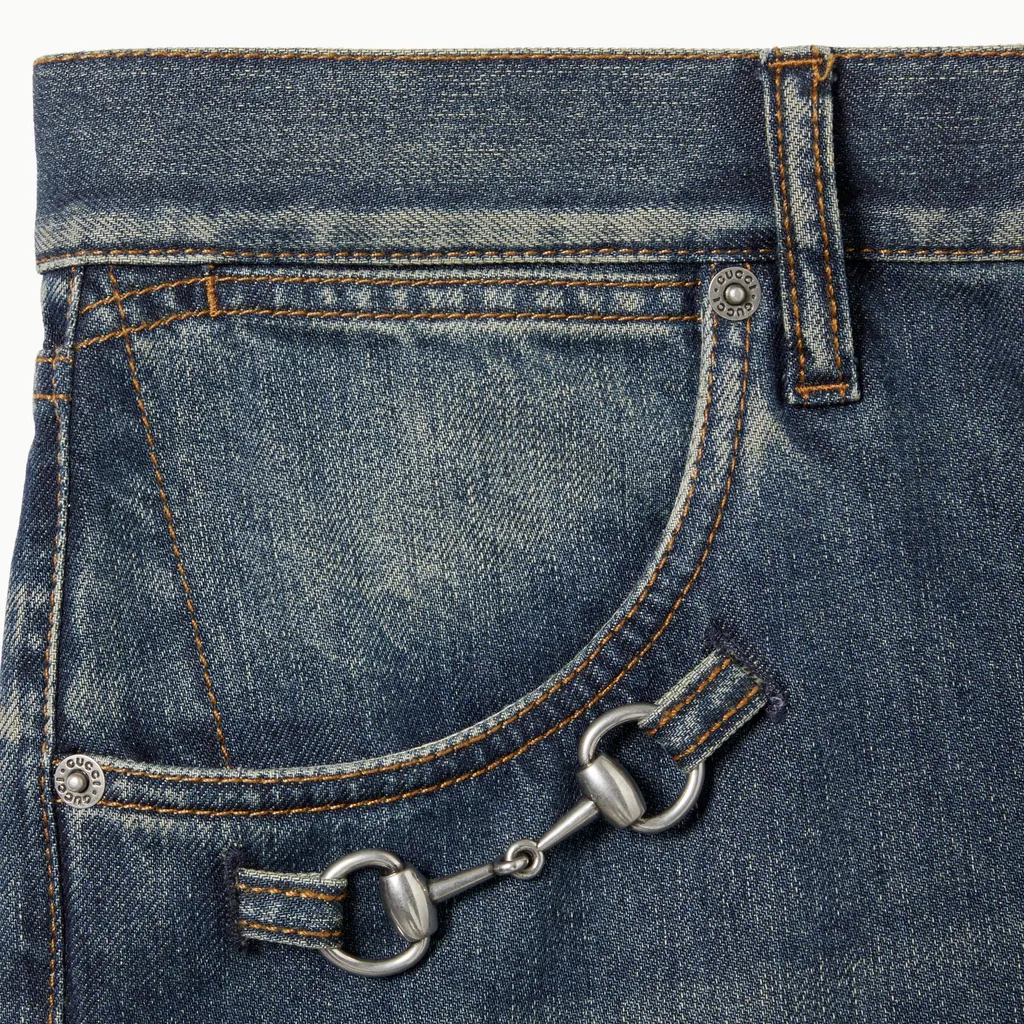 Cotton Denim Pants With Horsebit Detail