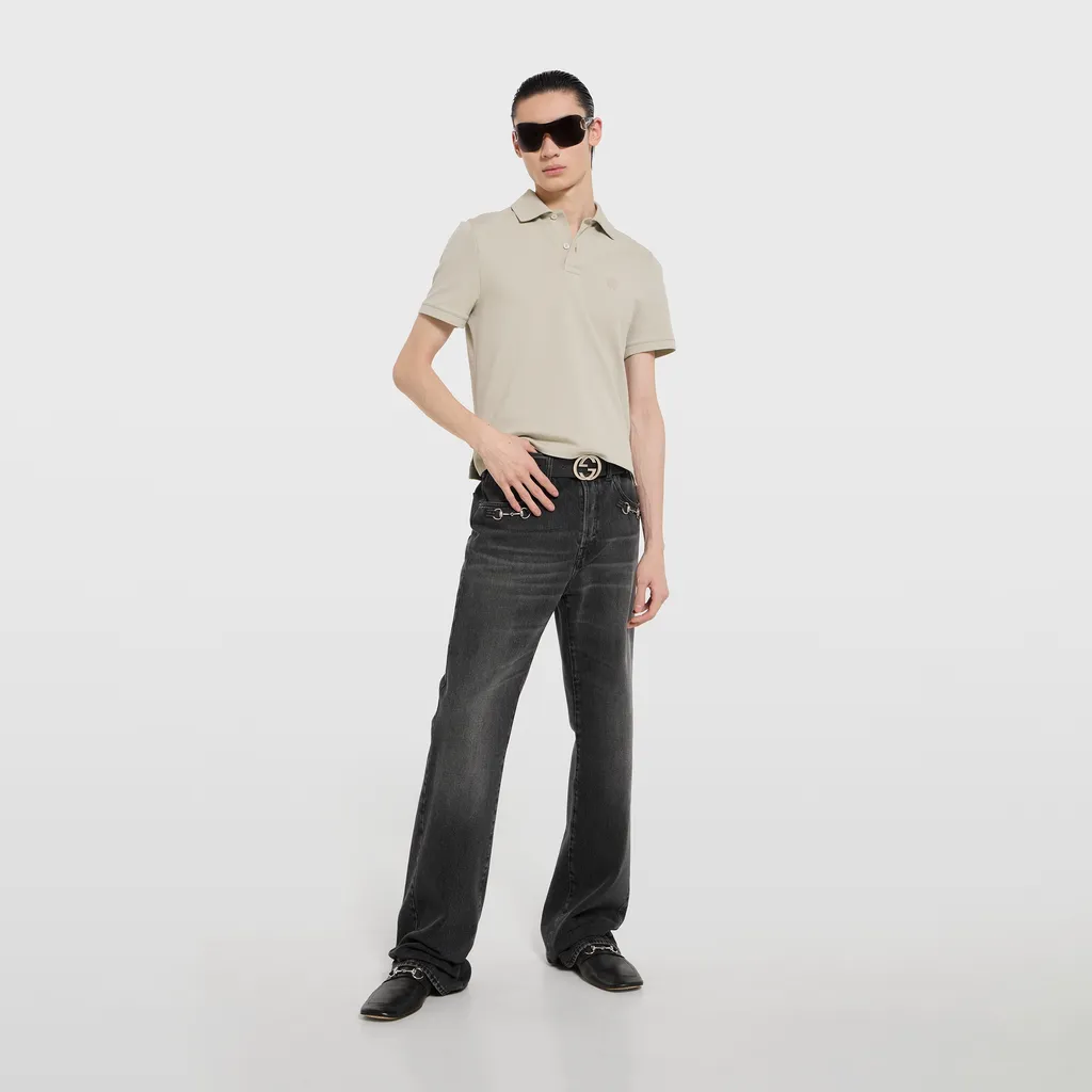 Cotton Denim Pants With Horsebit Detail